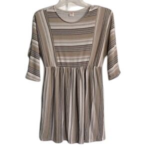 I JOAH Premium Women's Striped 3/4 Sleeve Mini dress- Tan/White - Sz Medium
